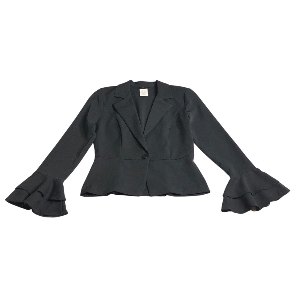 Vintage Y2K 90s B Smart Blazer Jacket Womens 5/6 Black Flare Ruffle Cuff Gothic